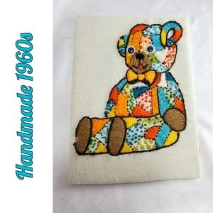 Handmade vintage 1960s embroidery/needlepoint teddy bear nursery art 5x7
